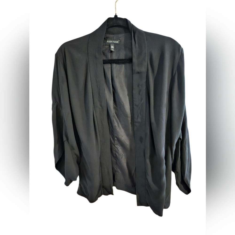 Eileen Fischer silk open front Georgette Crepe blazer size Large, black
